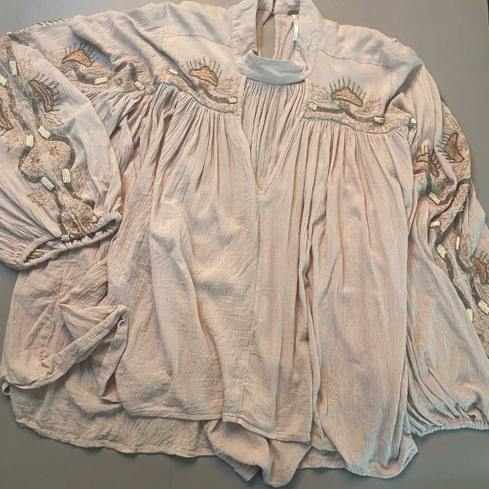 Free People Cream Embellished Long Sleeve Blouse